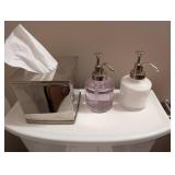 Bathroom Accessory Set - Silver Colored Tissue Box Cover, Pink Soap Dispenser, White Lotion Dispenser, and Waste Basket (Lot of 4)