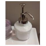 Bathroom Accessory Set - Silver Colored Tissue Box Cover, Pink Soap Dispenser, White Lotion Dispenser, and Waste Basket (Lot of 4)