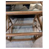 Rattan Glass-Top End Table with Lower Glass Shelf - Natural Brown Finish