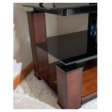 Entertainment Console TV Stand - Black Glass Shelves & Wood Base