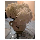 White Hydrangea Arrangement in Crackle-Glaze Ceramic Jug Vase