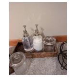 Toilet Paper Holder Floor Stand with Glass Jars & Soap Dispensers