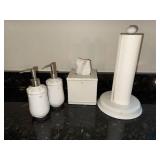 White Ceramic “Juliska” Bathroom Accessories Set - Soap Dispensers, Tissue Box Cover & Paper Towel Holder