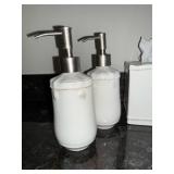 White Ceramic “Juliska” Bathroom Accessories Set - Soap Dispensers, Tissue Box Cover & Paper Towel Holder