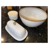 Williams-Sonoma Saltcellar Ceramic Set - Salt Cellar, Butter Dish & Gold Rim Bowl