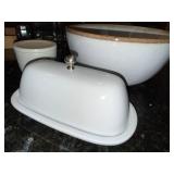 Williams-Sonoma Saltcellar Ceramic Set - Salt Cellar, Butter Dish & Gold Rim Bowl