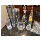 Tablecraft Clear Glassware Lot - Oil Dispenser, Embossed Rooster Canister, Decanters & Orbs