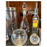Tablecraft Clear Glassware Lot - Oil Dispenser, Embossed Rooster Canister, Decanters & Orbs