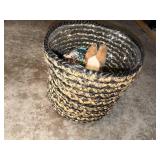 Dog Toys in Woven Basket - 3 Tennis Balls, Plush Dog & Rope Toy