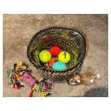 Dog Toys in Woven Basket - 3 Tennis Balls, Plush Dog & Rope Toy