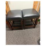 Pair of Dark Wood Bar Stools with Black Leatherlike Seat and Nailhead Trim