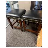Pair of Dark Wood Bar Stools with Black Leatherlike Seat and Nailhead Trim