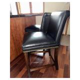 Bar Stool Set of 2 - Dark Wood with Black Leather Seats with Nailhead Trim