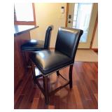 Bar Stool Set of 2 - Dark Wood with Black Leather Seats with Nailhead Trim