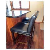 Bar Stool Set of 2 - Dark Wood with Black Leather Seats with Nailhead Trim