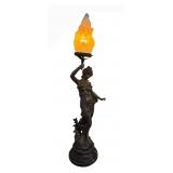 UL - Antique French Art Nouveau Figural Lamp - Bronze Woman with Torch
