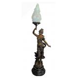UL - Antique French Art Nouveau Figural Lamp - Bronze Woman with Torch