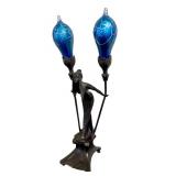 UL - Art Nouveau Figural Table Lamp with Dual Blue Hand-Blown Globes by Carl Radke / Irénée Rochard Phoenix Studios Art Nouveau Young Woman Two Light Table Lamp Post War Dark