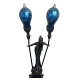 UL - Art Nouveau Figural Table Lamp with Dual Blue Hand-Blown Globes by Carl Radke / Irénée Rochard Phoenix Studios Art Nouveau Young Woman Two Light Table Lamp Post War Dark