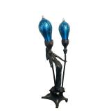 UL - Art Nouveau Figural Table Lamp with Dual Blue Hand-Blown Globes by Carl Radke / Irénée Rochard Phoenix Studios Art Nouveau Young Woman Two Light Table Lamp Post War Dark
