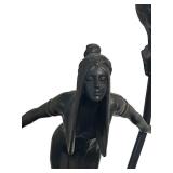 UL - Art Nouveau Figural Table Lamp with Dual Blue Hand-Blown Globes by Carl Radke / Irénée Rochard Phoenix Studios Art Nouveau Young Woman Two Light Table Lamp Post War Dark