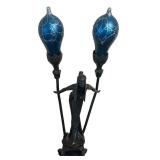 UL - Art Nouveau Figural Table Lamp with Dual Blue Hand-Blown Globes by Carl Radke / Irénée Rochard Phoenix Studios Art Nouveau Young Woman Two Light Table Lamp Post War Dark