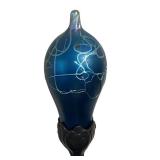 UL - Art Nouveau Figural Table Lamp with Dual Blue Hand-Blown Globes by Carl Radke / Irénée Rochard Phoenix Studios Art Nouveau Young Woman Two Light Table Lamp Post War Dark