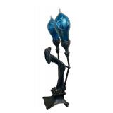 UL - Art Nouveau Figural Table Lamp with Dual Blue Hand-Blown Globes by Carl Radke / Irénée Rochard Phoenix Studios Art Nouveau Young Woman Two Light Table Lamp Post War Dark