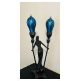 UL - Art Nouveau Figural Table Lamp with Dual Blue Hand-Blown Globes by Carl Radke / Irénée Rochard Phoenix Studios Art Nouveau Young Woman Two Light Table Lamp Post War Dark