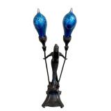 UL - Art Nouveau Figural Table Lamp with Dual Blue Hand-Blown Globes by Carl Radke / Irénée Rochard Phoenix Studios Art Nouveau Young Woman Two Light Table Lamp Post War Dark