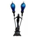 UL - Art Nouveau Figural Table Lamp with Dual Blue Hand-Blown Globes by Carl Radke / Irénée Rochard Phoenix Studios Art Nouveau Young Woman Two Light Table Lamp Post War Dark
