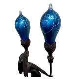 UL - Art Nouveau Figural Table Lamp with Dual Blue Hand-Blown Globes by Carl Radke / Irénée Rochard Phoenix Studios Art Nouveau Young Woman Two Light Table Lamp Post War Dark