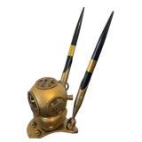 UL - Vintage Brass Diving Helmet Pen Holder with 2 Pens