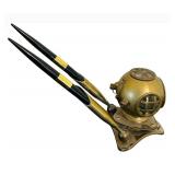 UL - Vintage Brass Diving Helmet Pen Holder with 2 Pens