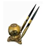 UL - Vintage Brass Diving Helmet Pen Holder with 2 Pens