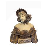UL - Antique Art Nouveau Ceramic Bust - Woman with Floral Headpiece on Carved Base