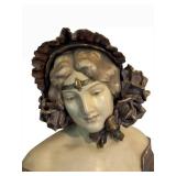 UL - Antique Art Nouveau Ceramic Bust - Woman with Floral Headpiece on Carved Base