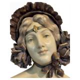 UL - Antique Art Nouveau Ceramic Bust - Woman with Floral Headpiece on Carved Base