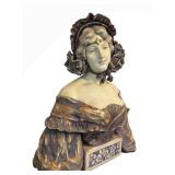 UL - Antique Art Nouveau Ceramic Bust - Woman with Floral Headpiece on Carved Base