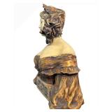 UL - Antique Art Nouveau Ceramic Bust - Woman with Floral Headpiece on Carved Base
