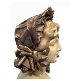 UL - Antique Art Nouveau Ceramic Bust - Woman with Floral Headpiece on Carved Base