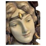 UL - Antique Art Nouveau Ceramic Bust - Woman with Floral Headpiece on Carved Base