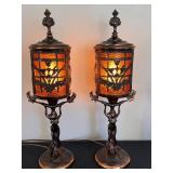 DR - Pair of Vintage Art Nouveau Table Lamps with Amber Glass Panels