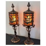 DR - Pair of Vintage Art Nouveau Table Lamps with Amber Glass Panels