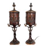DR - Pair of Vintage Art Nouveau Table Lamps with Amber Glass Panels