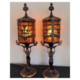 DR - Pair of Vintage Art Nouveau Table Lamps with Amber Glass Panels