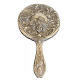 DR -Antique Silver-Plate Hand Mirror with Engraved Goddess Face & Floral Handle