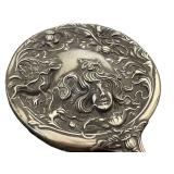 DR -Antique Silver-Plate Hand Mirror with Engraved Goddess Face & Floral Handle