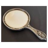 DR -Antique Silver-Plate Hand Mirror with Engraved Goddess Face & Floral Handle