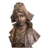 LR - Cast Metal Bust - Female Portrait with Bonnet on Square Base